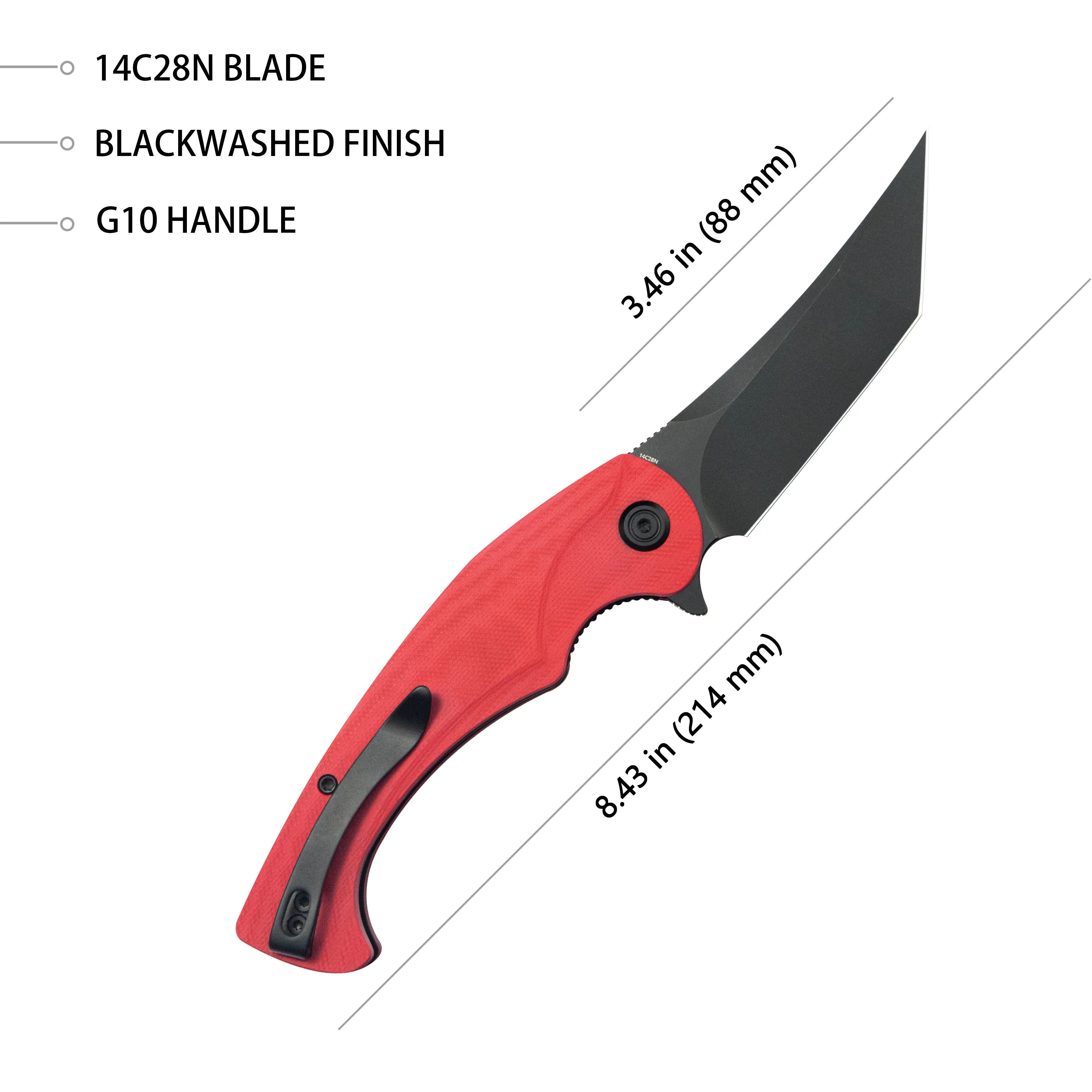 Scimitar Tanto Liner Lock Hunting Folding Knife Red G10 Handle 3.46 Blackwash 14C28N KU175F