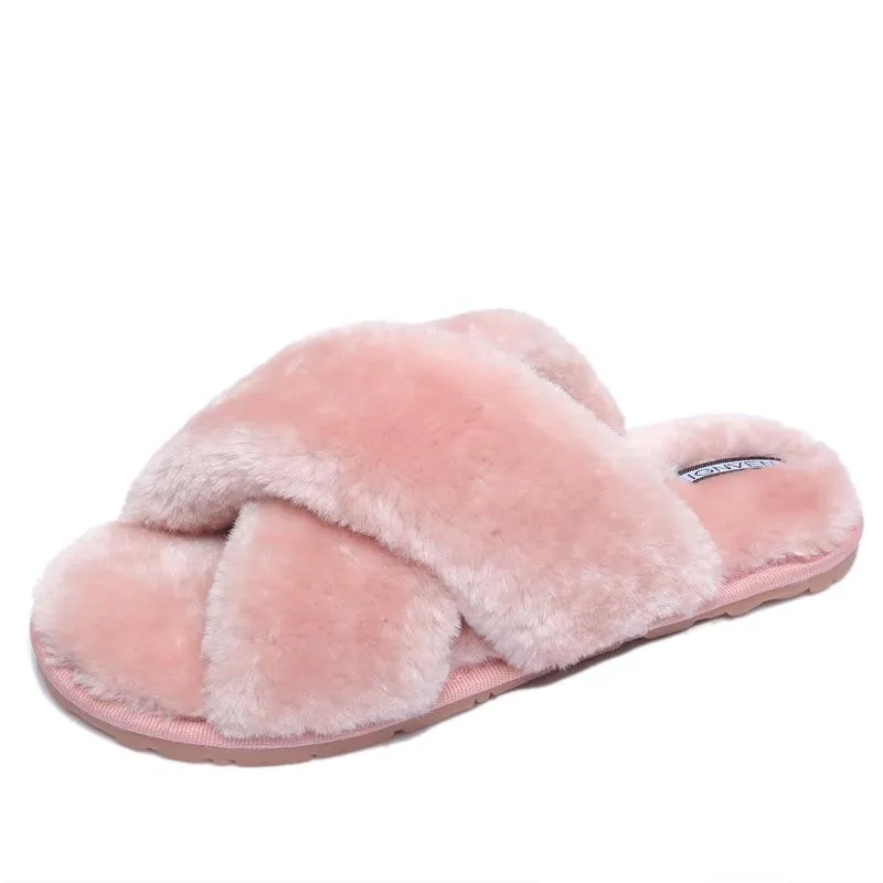 Slippers Warm Faux Fur Cross Soft Plush Furry