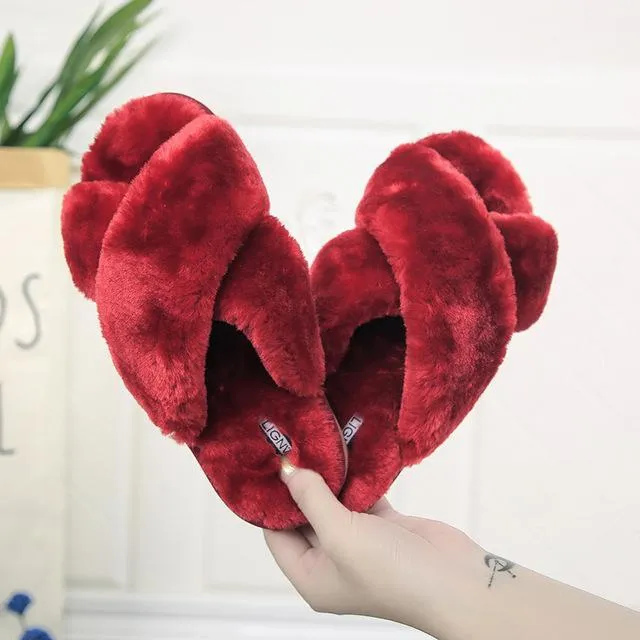 Slippers Warm Faux Fur Cross Soft Plush Furry