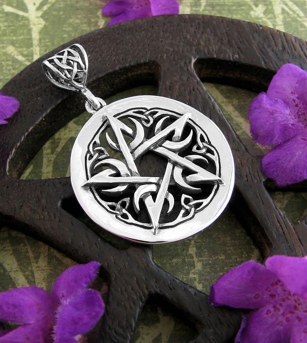 Small 1-1/8 Five Crescent Moons Celtic Pentacle Pendant, Handmade