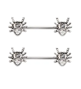 Spider Heart Clear CZ Stainless Steel Nipple Barbell