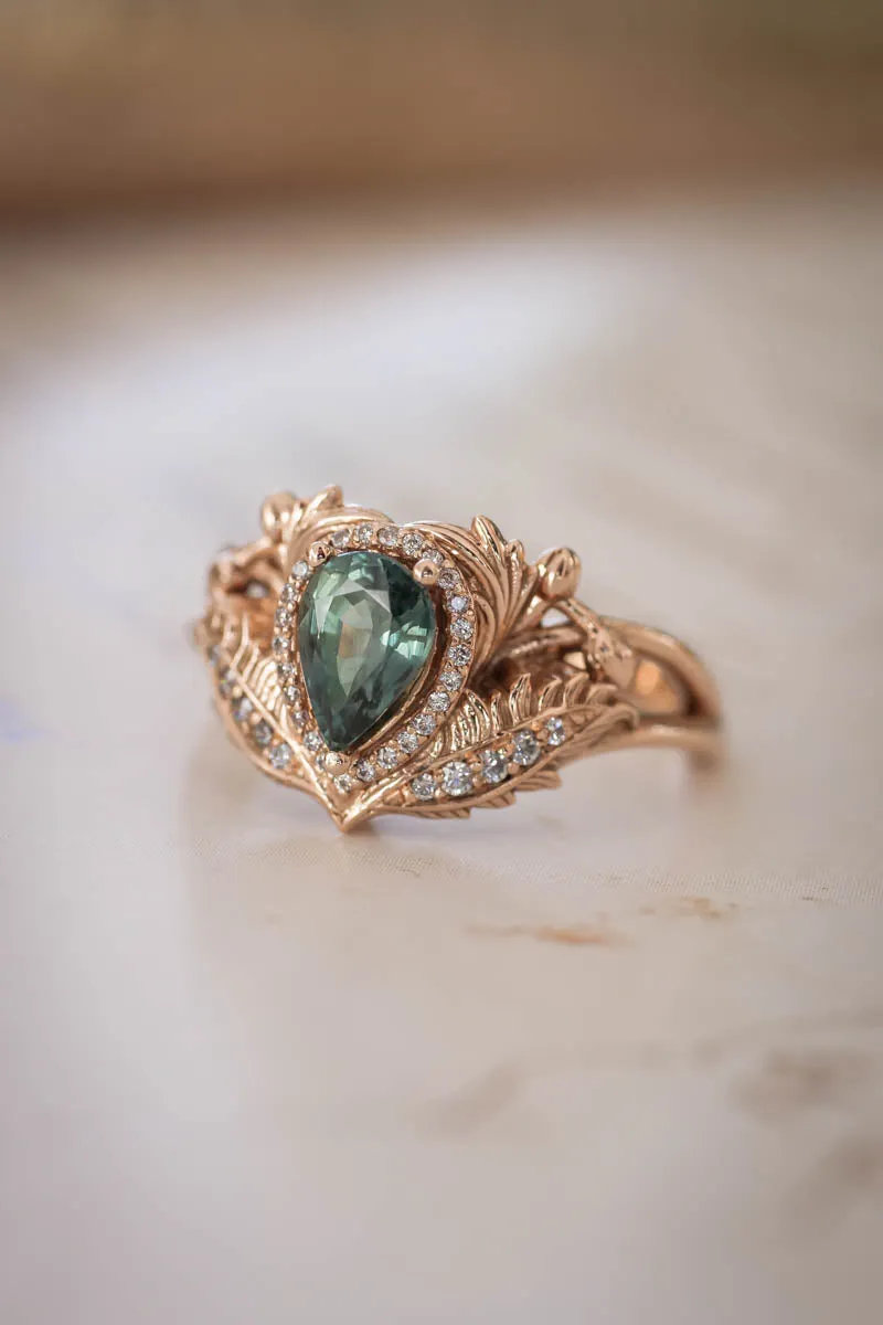 Teal sapphire engagement ring with diamond halo / Adonis halo