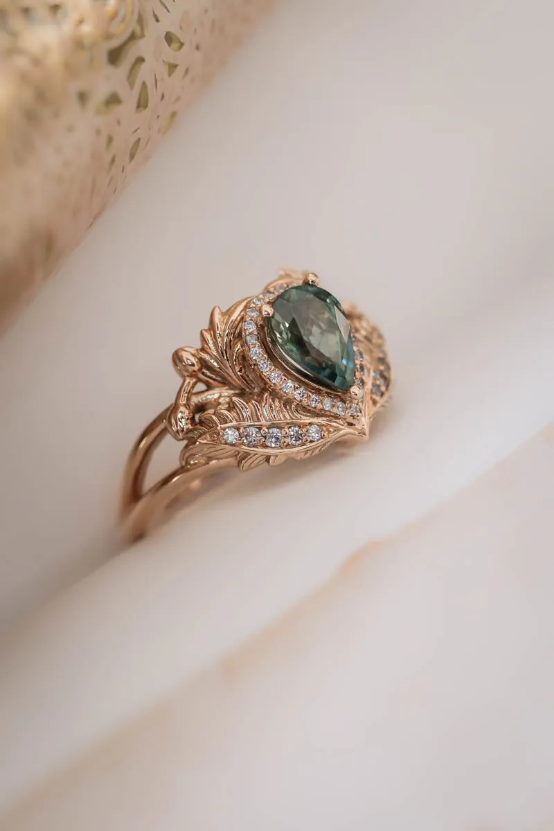 Teal sapphire engagement ring with diamond halo / Adonis halo