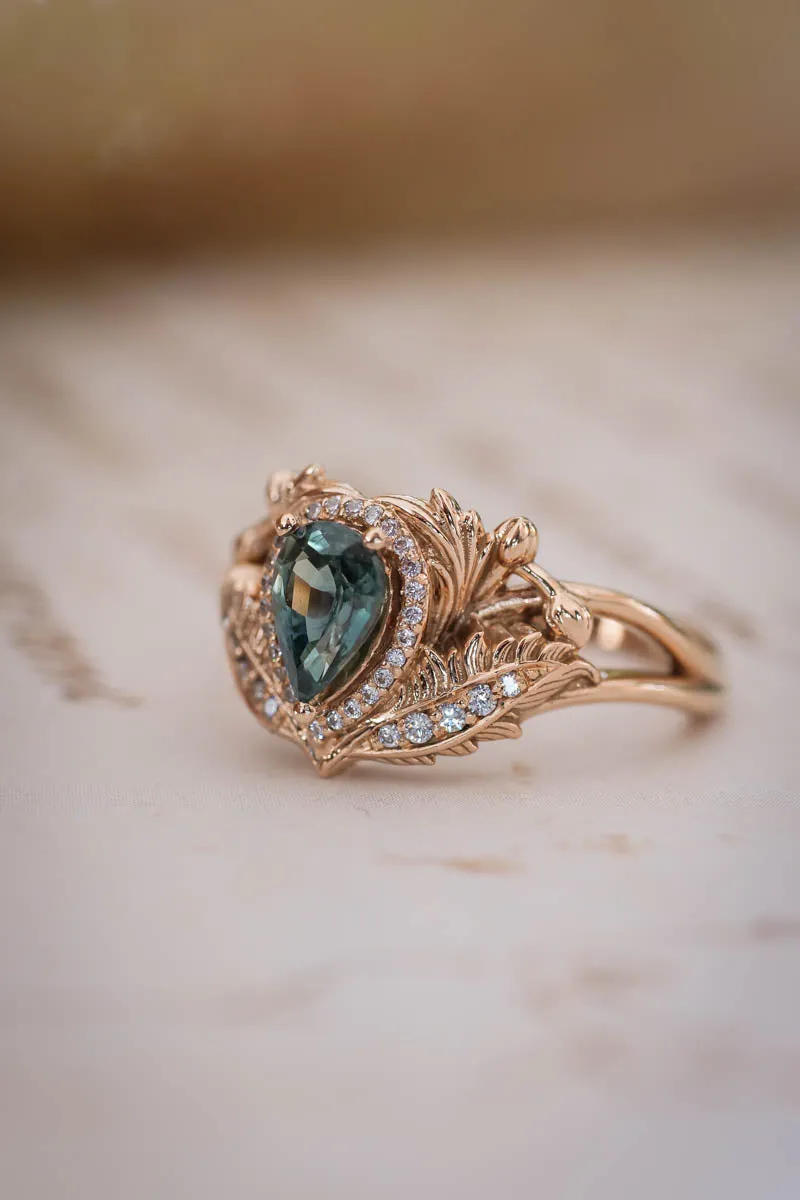 Teal sapphire engagement ring with diamond halo / Adonis halo