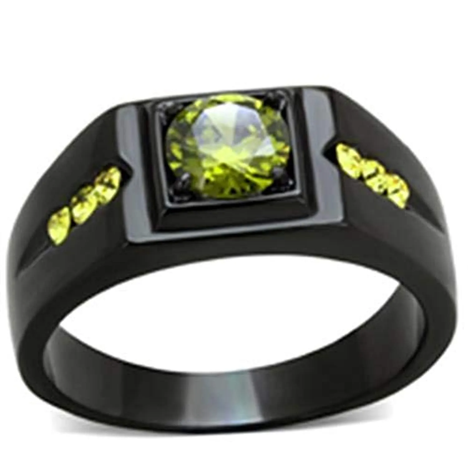 WildKlass Stainless Steel Ring IP Black Men AAA Grade CZ Olivine Color